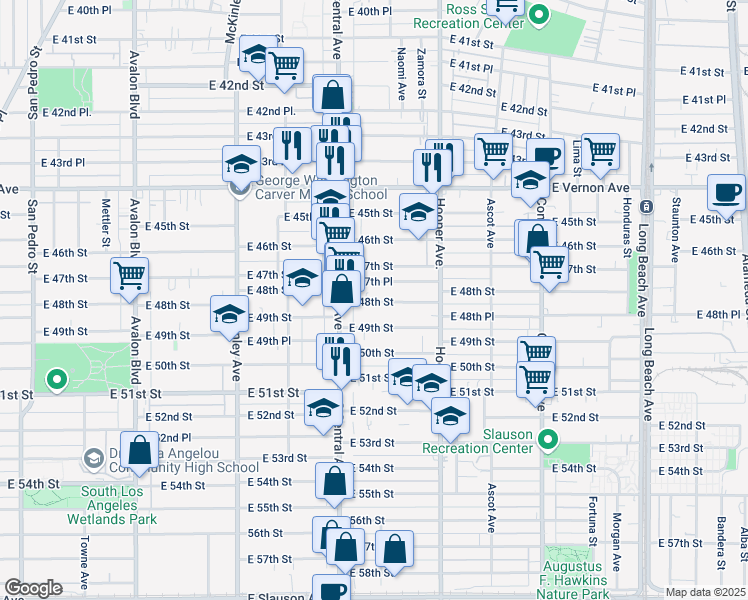 map of restaurants, bars, coffee shops, grocery stores, and more near 1140 East 47th Place in Los Angeles