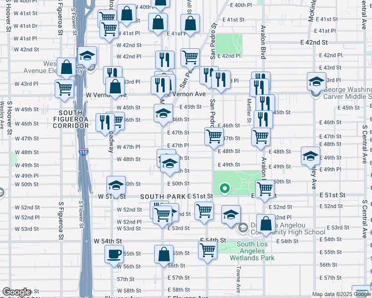 map of restaurants, bars, coffee shops, grocery stores, and more near 194 East 47th Place in Los Angeles