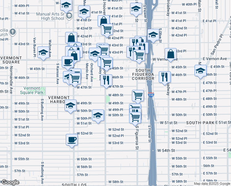 map of restaurants, bars, coffee shops, grocery stores, and more near 636 West 47th Street in Los Angeles