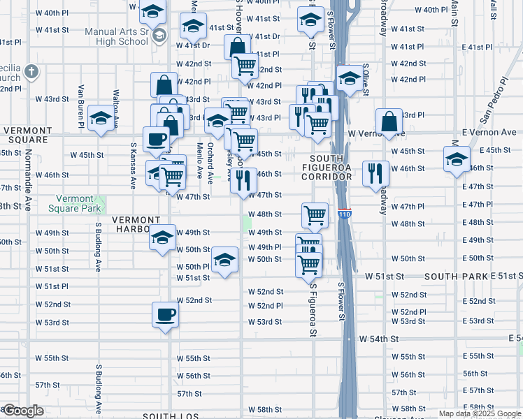 map of restaurants, bars, coffee shops, grocery stores, and more near 636 West 47th Street in Los Angeles