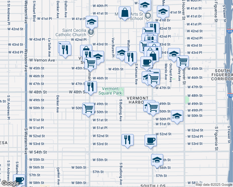 map of restaurants, bars, coffee shops, grocery stores, and more near 1201 West 47th Street in Los Angeles