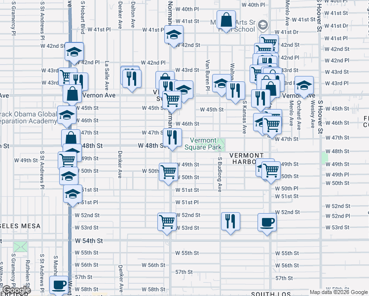 map of restaurants, bars, coffee shops, grocery stores, and more near 1326 West 47th Street in Los Angeles