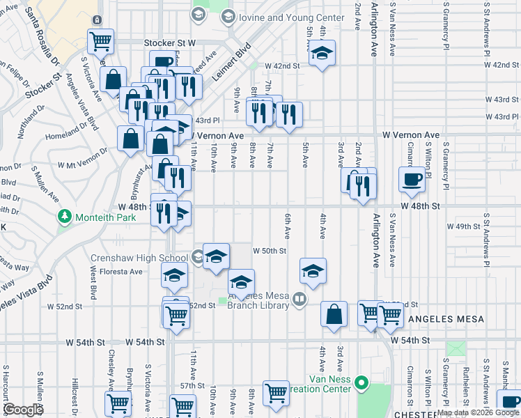map of restaurants, bars, coffee shops, grocery stores, and more near 4715 8th Avenue in Los Angeles
