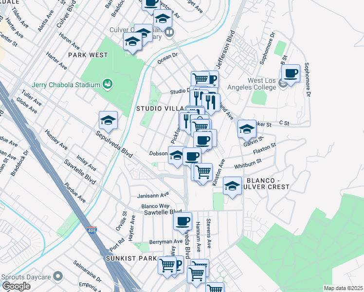 map of restaurants, bars, coffee shops, grocery stores, and more near 10975 Pickford Way in Culver City