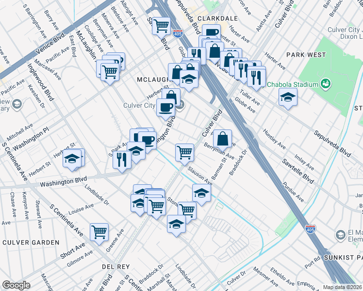 map of restaurants, bars, coffee shops, grocery stores, and more near 4361 Berryman Avenue in Los Angeles