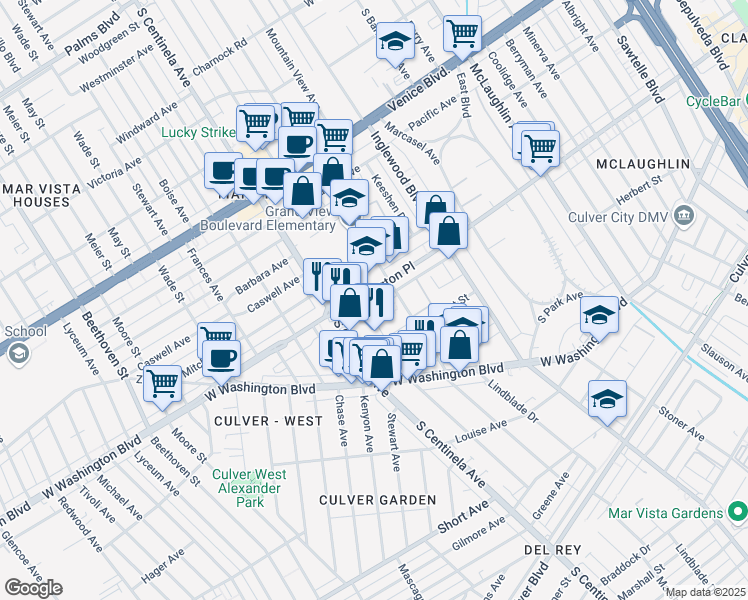map of restaurants, bars, coffee shops, grocery stores, and more near 4017 Grand View Boulevard in Los Angeles