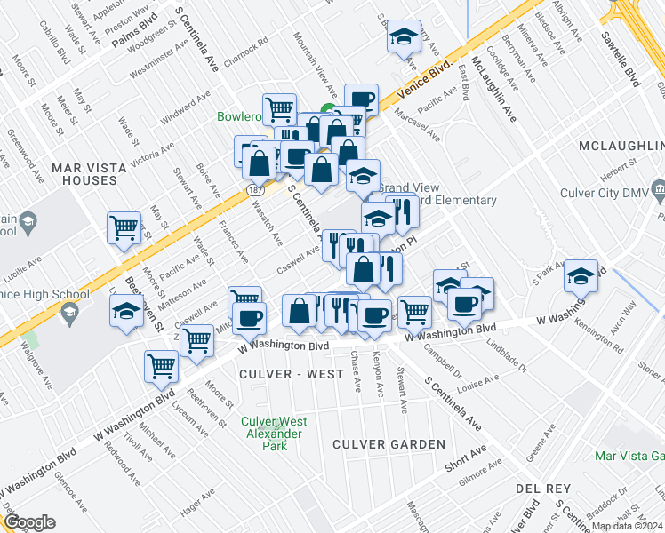 map of restaurants, bars, coffee shops, grocery stores, and more near 3961 South Centinela Avenue in Los Angeles