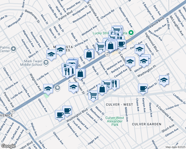 map of restaurants, bars, coffee shops, grocery stores, and more near 12634 Pacific Avenue in Los Angeles