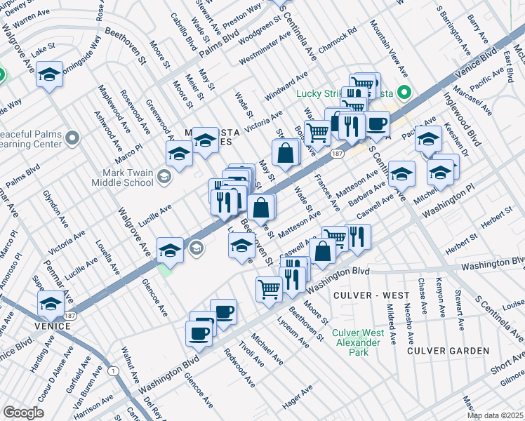 map of restaurants, bars, coffee shops, grocery stores, and more near 12777 Venice Boulevard in Los Angeles