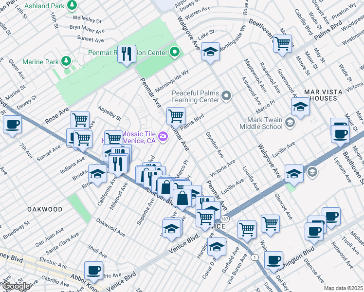 map of restaurants, bars, coffee shops, grocery stores, and more near in Los Angeles