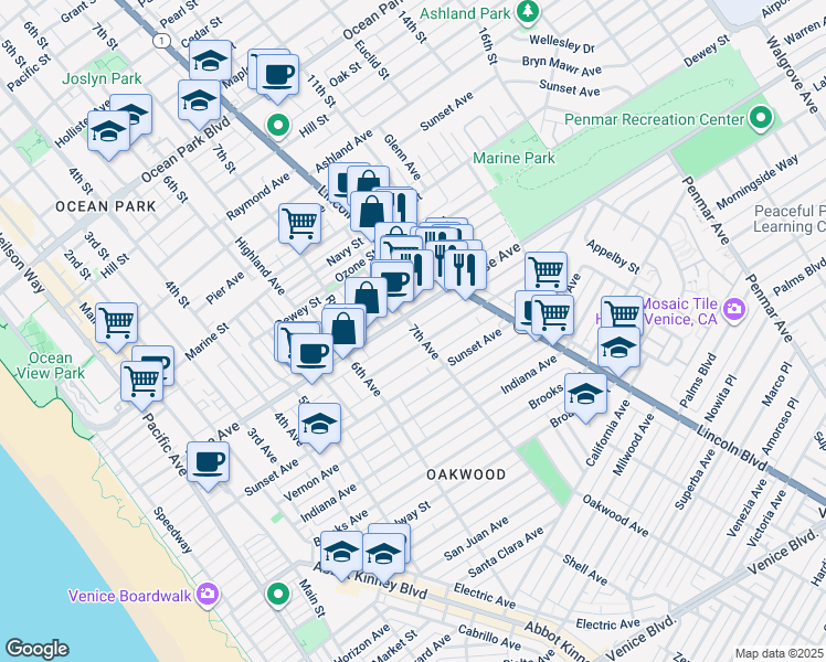 map of restaurants, bars, coffee shops, grocery stores, and more near 679 Rose Avenue in Los Angeles