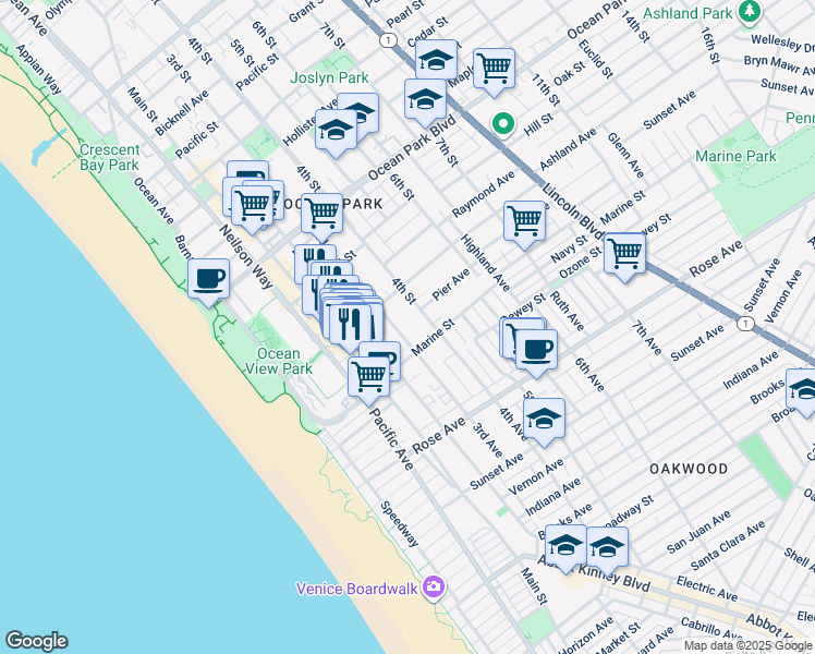 map of restaurants, bars, coffee shops, grocery stores, and more near 2913 3rd Street in Santa Monica