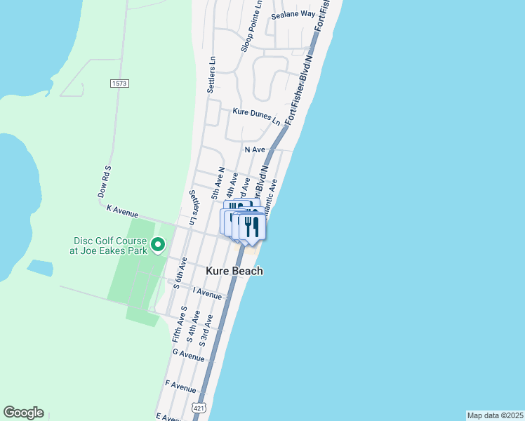 map of restaurants, bars, coffee shops, grocery stores, and more near 218 Fort Fisher Boulevard North in Kure Beach