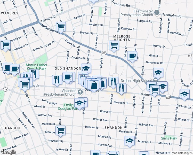 map of restaurants, bars, coffee shops, grocery stores, and more near 2712 Preston Street in Columbia