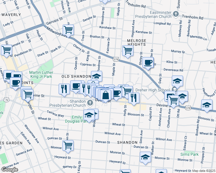 map of restaurants, bars, coffee shops, grocery stores, and more near 2712 Preston Street in Columbia