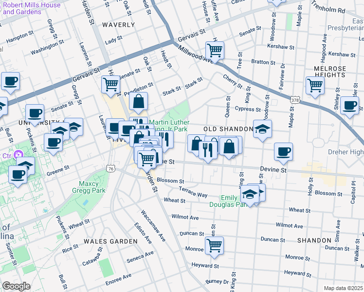 map of restaurants, bars, coffee shops, grocery stores, and more near 806 Heidt Street in Columbia