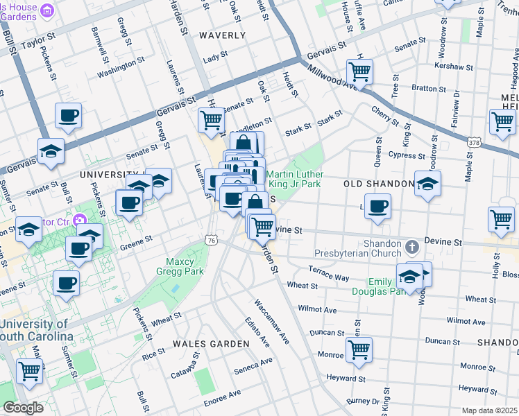 map of restaurants, bars, coffee shops, grocery stores, and more near in Columbia