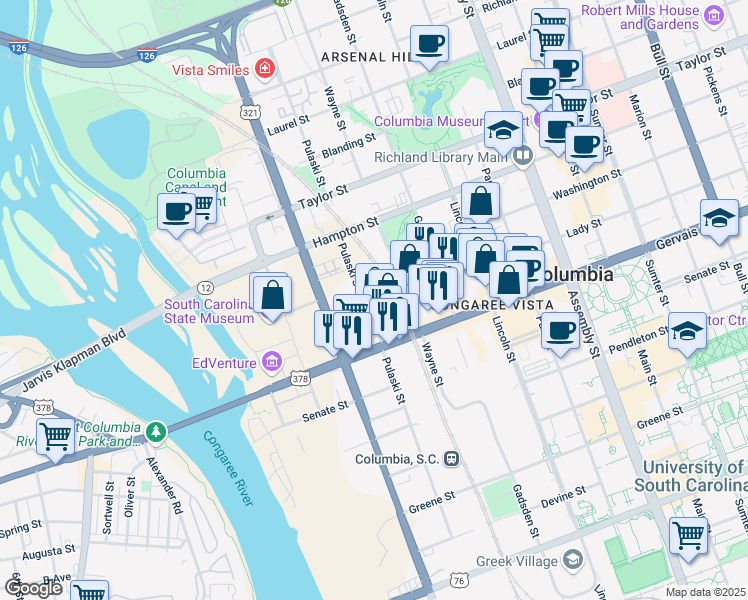 map of restaurants, bars, coffee shops, grocery stores, and more near 106 Pulaski Street in Columbia