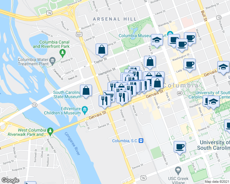 map of restaurants, bars, coffee shops, grocery stores, and more near 106 Pulaski Street in Columbia