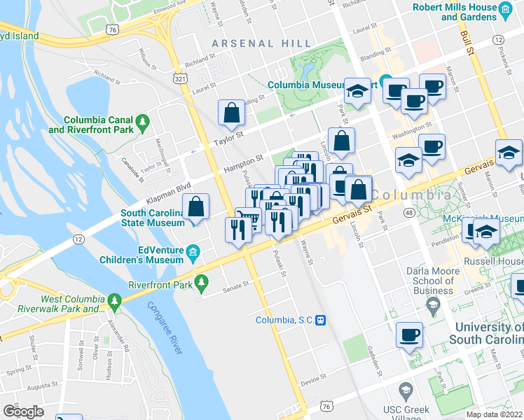 map of restaurants, bars, coffee shops, grocery stores, and more near 106 Pulaski Street in Columbia