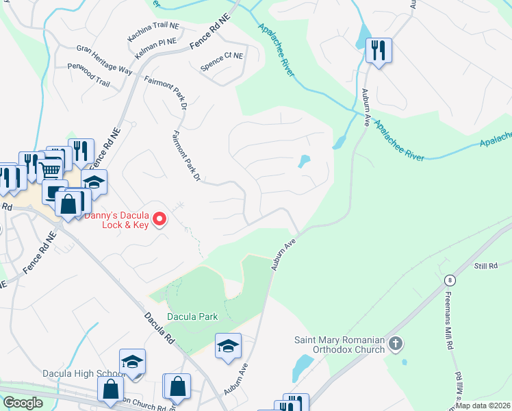 map of restaurants, bars, coffee shops, grocery stores, and more near 220 Ballyshnnon Drive in Dacula