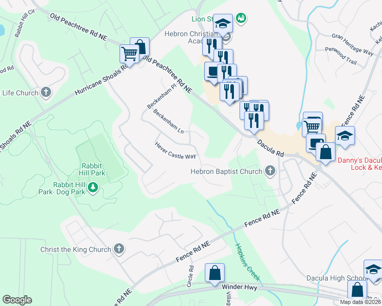 map of restaurants, bars, coffee shops, grocery stores, and more near 313 Hever Castle Way in Dacula