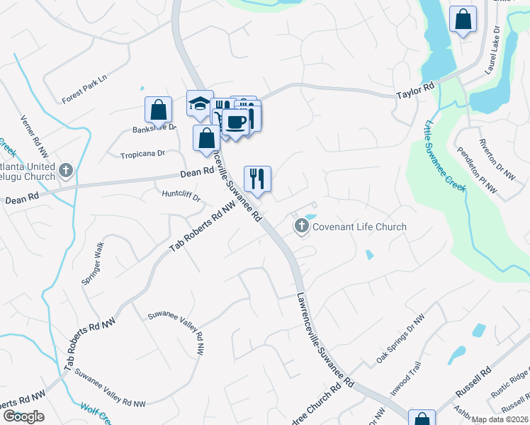 map of restaurants, bars, coffee shops, grocery stores, and more near 2009 Lawrenceville-Suwanee Road in Suwanee