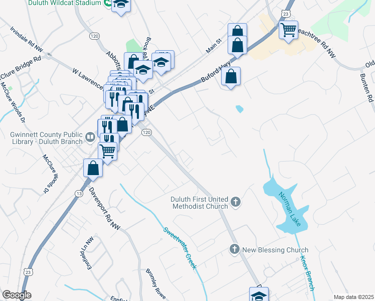 map of restaurants, bars, coffee shops, grocery stores, and more near 3493 Monarch Avenue in Duluth