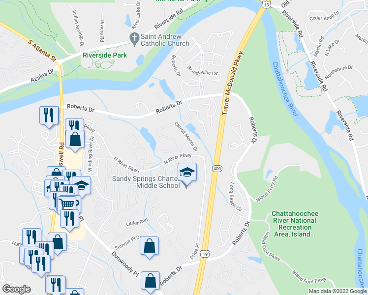 map of restaurants, bars, coffee shops, grocery stores, and more near 9128 Carroll Manor Drive in Atlanta