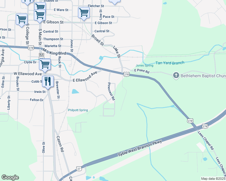 map of restaurants, bars, coffee shops, grocery stores, and more near 98 Bryant Circle in Cedartown