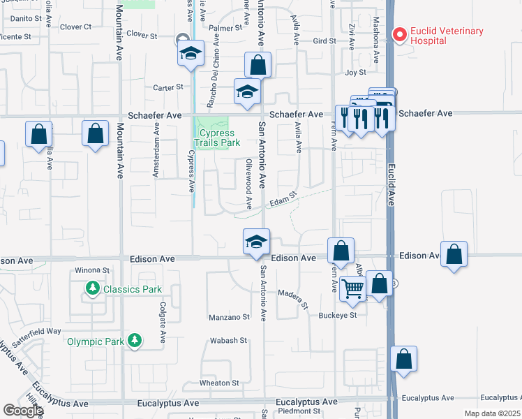 map of restaurants, bars, coffee shops, grocery stores, and more near 2-3 San Antonio Avenue in Chino