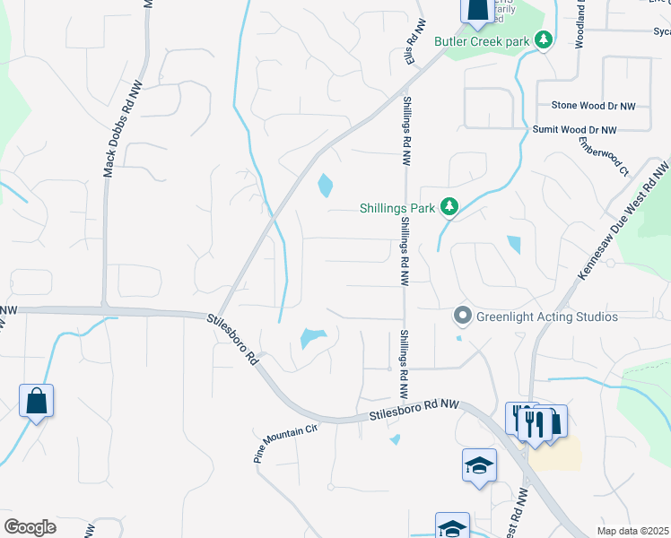 map of restaurants, bars, coffee shops, grocery stores, and more near 2878 Spicewood Lane Northwest in Kennesaw