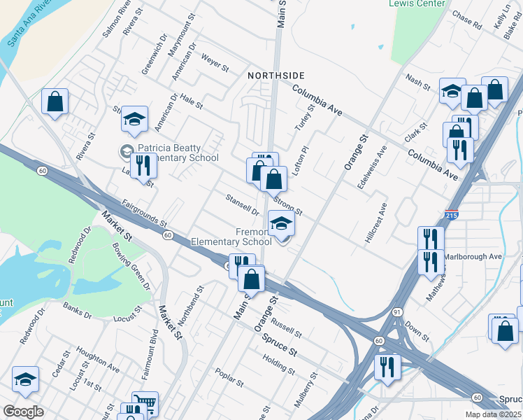 map of restaurants, bars, coffee shops, grocery stores, and more near 1777 Main Street in Riverside