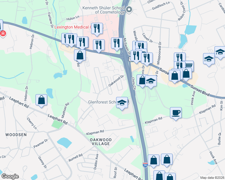 map of restaurants, bars, coffee shops, grocery stores, and more near 11 Janice Fe Trail in West Columbia