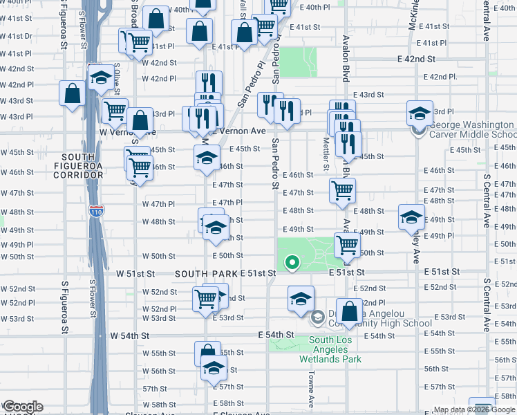 map of restaurants, bars, coffee shops, grocery stores, and more near 289 East 47th Place in Los Angeles