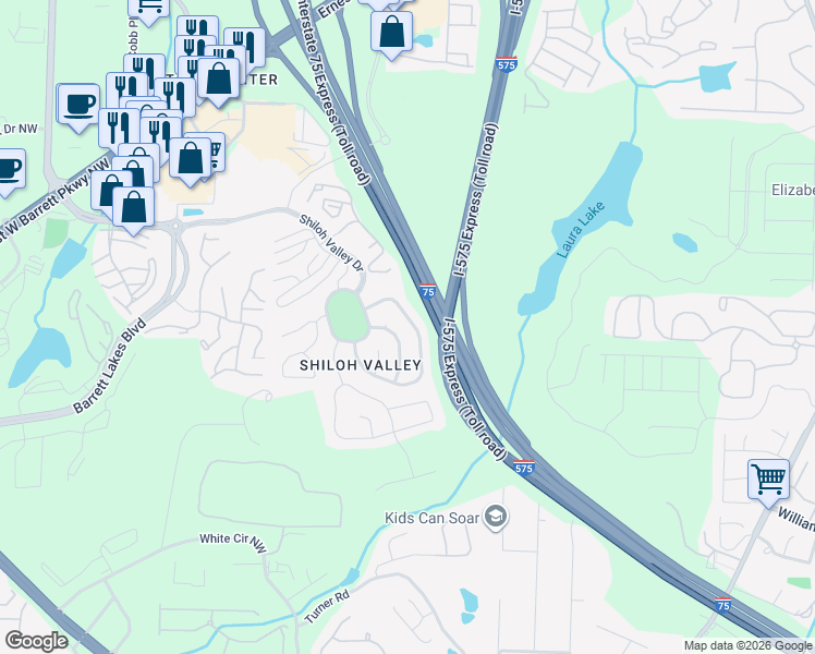 map of restaurants, bars, coffee shops, grocery stores, and more near 1971 Shiloh Valley Trail Northwest in Kennesaw