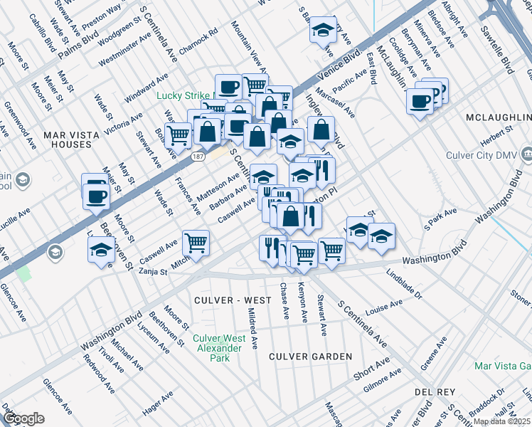 map of restaurants, bars, coffee shops, grocery stores, and more near 3961 South Centinela Avenue in Los Angeles