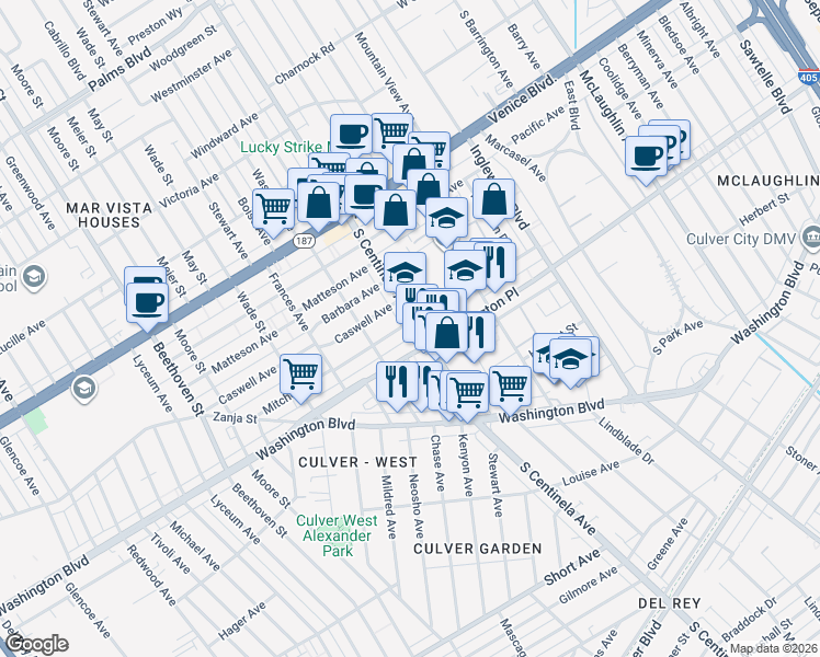 map of restaurants, bars, coffee shops, grocery stores, and more near 12400 Mitchell Avenue in Los Angeles