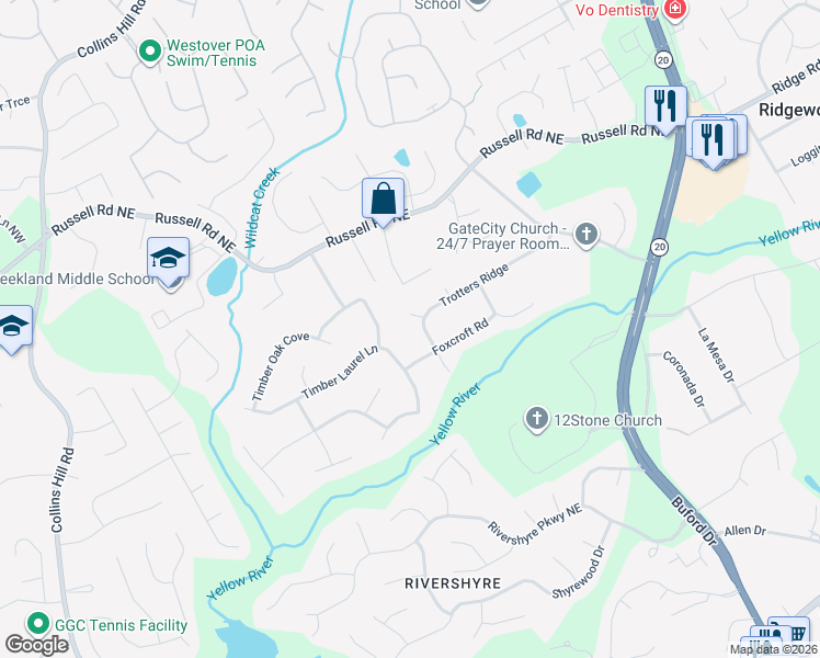 map of restaurants, bars, coffee shops, grocery stores, and more near 332 Trotters Ridge in Lawrenceville