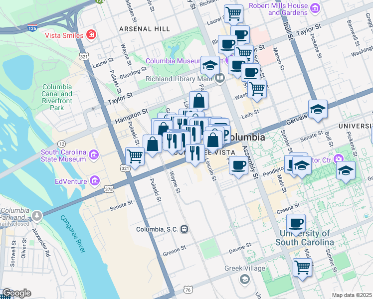 map of restaurants, bars, coffee shops, grocery stores, and more near 801 Gervais Street in Columbia