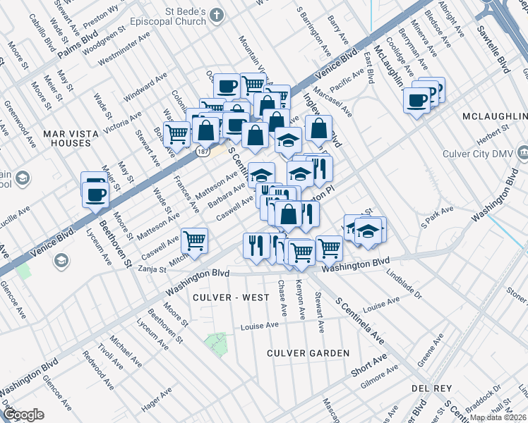 map of restaurants, bars, coffee shops, grocery stores, and more near 12400 Mitchell Avenue in Los Angeles