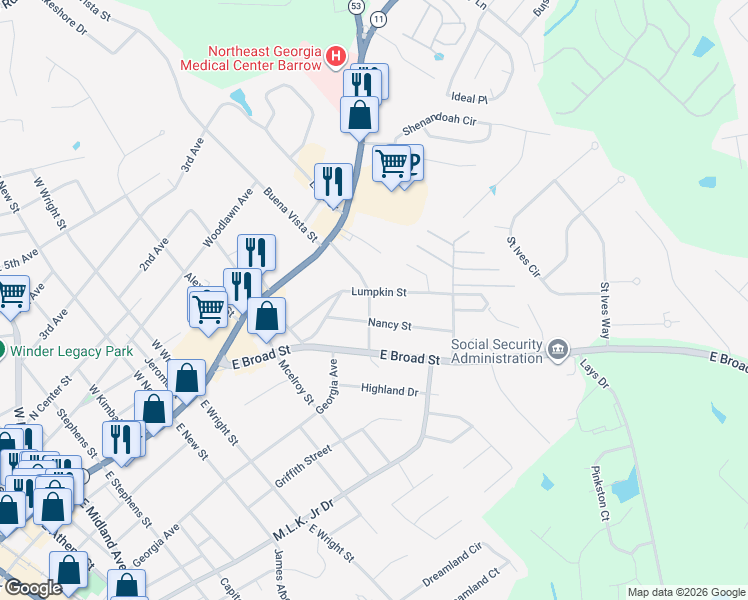 map of restaurants, bars, coffee shops, grocery stores, and more near 304 Lumpkin Street in Winder