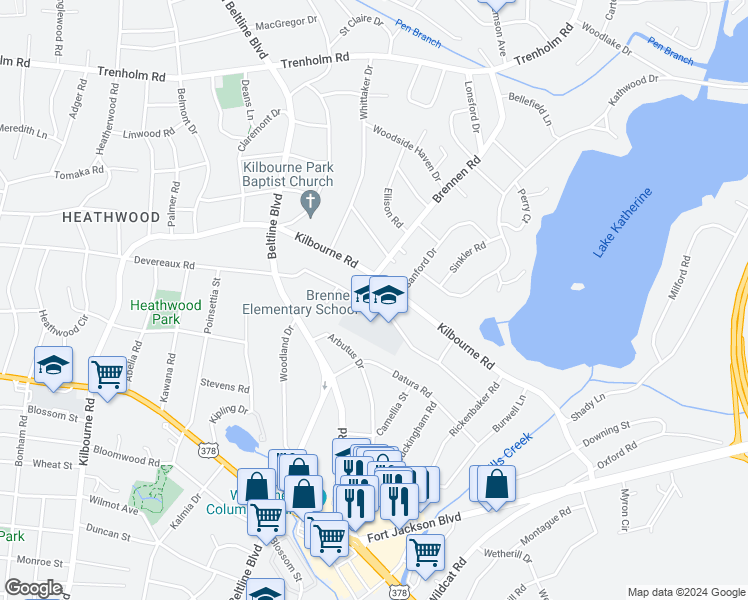 map of restaurants, bars, coffee shops, grocery stores, and more near 4517 Devereaux Road in Columbia