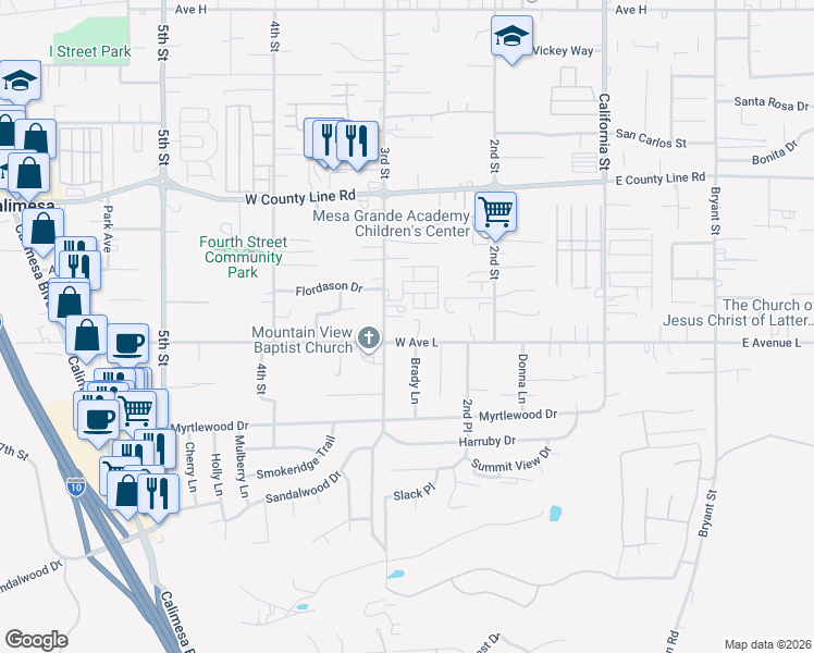 map of restaurants, bars, coffee shops, grocery stores, and more near 278 West Avenue L in Calimesa