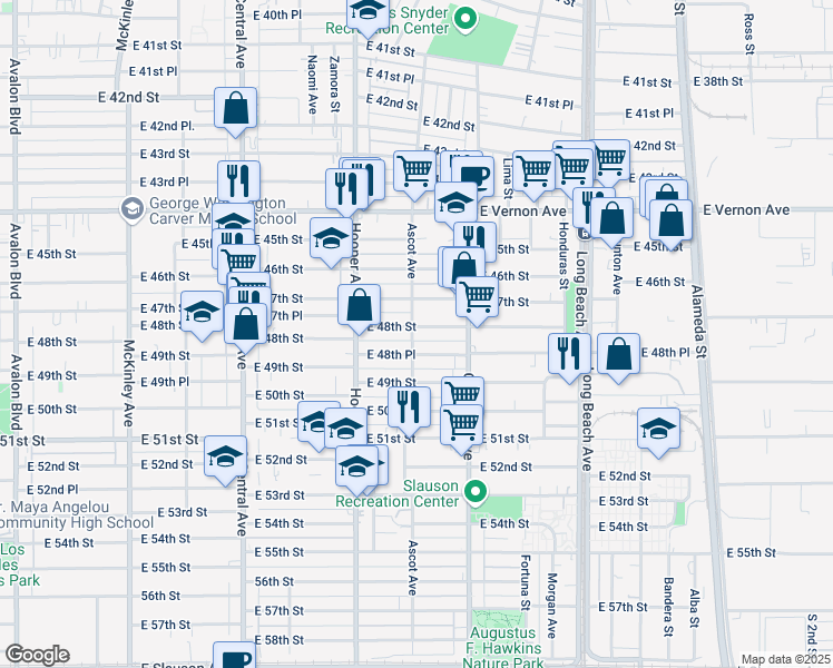 map of restaurants, bars, coffee shops, grocery stores, and more near 4802 Ascot Avenue in Los Angeles