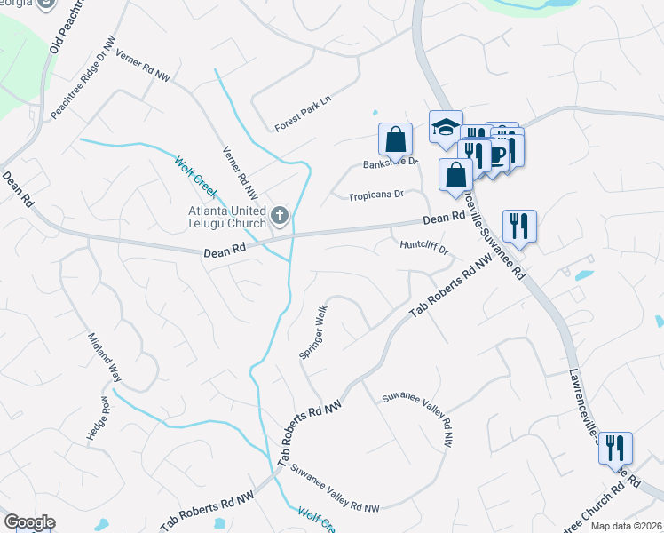 map of restaurants, bars, coffee shops, grocery stores, and more near 2139 Hunters Branch Court in Lawrenceville
