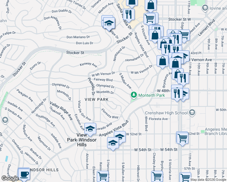 map of restaurants, bars, coffee shops, grocery stores, and more near 3803 Monteith Drive in View Park-Windsor Hills