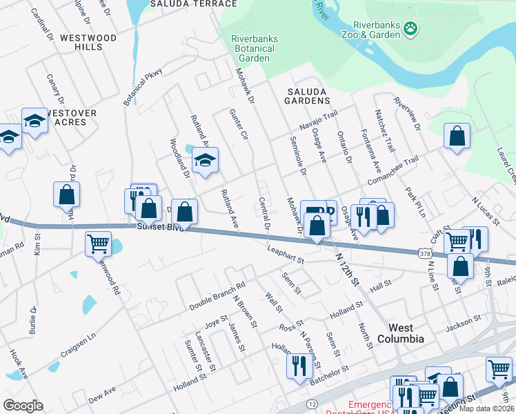map of restaurants, bars, coffee shops, grocery stores, and more near 910 Central Drive in West Columbia