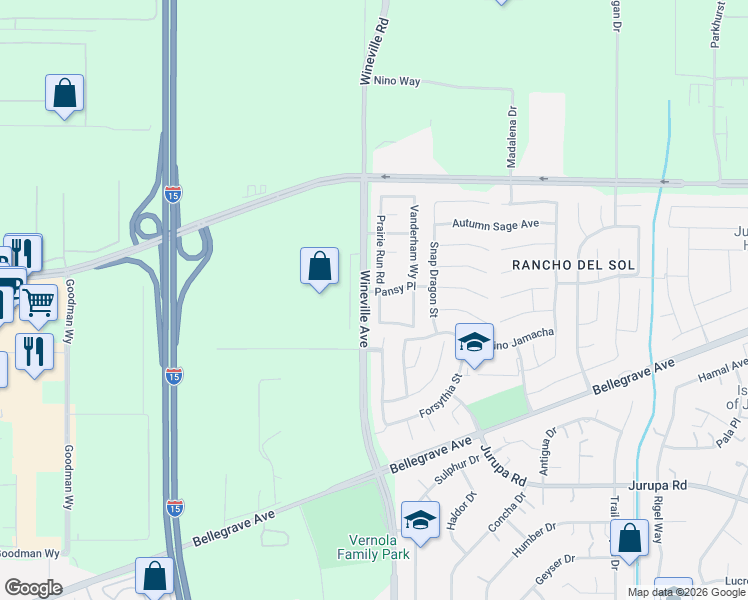 map of restaurants, bars, coffee shops, grocery stores, and more near 4911 Prairie Run Road in Jurupa Valley