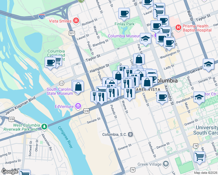 map of restaurants, bars, coffee shops, grocery stores, and more near 106 Pulaski Street in Columbia